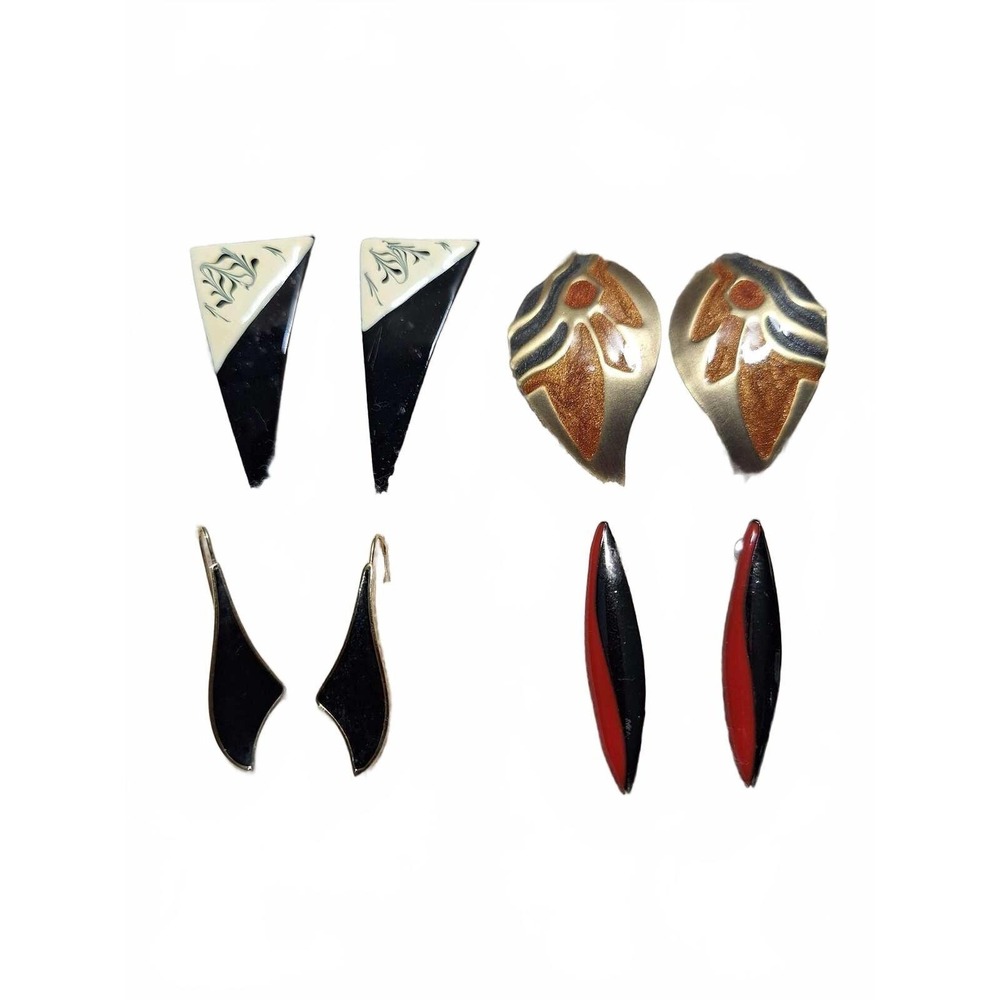 Vintage drop dangle earrings red black white enamel set of 4